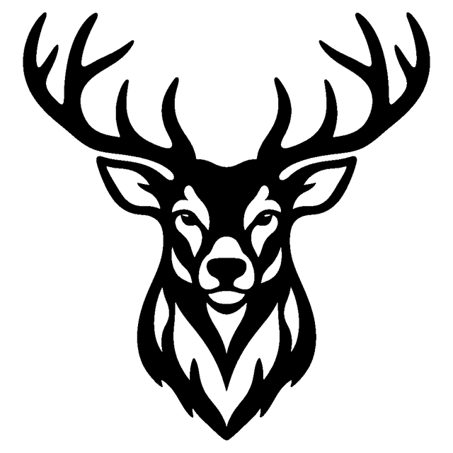 Front facing stag head with wide branching antlers, pointed ears, and white cutout facial details.