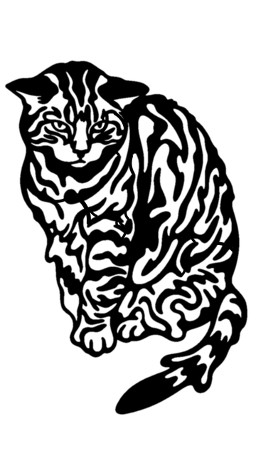 Laser cut stencil of a striped cat sitting, with detailed stripes and a curled tail, in black and white.