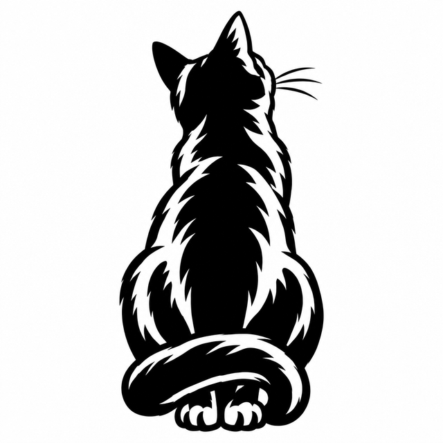 Black and white engraving of a seated cat seen from behind, looking upward with its tail wrapped around its paws.