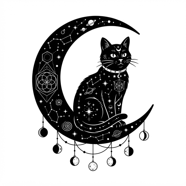 Black cat with celestial markings seated on a star-filled crescent moon with hanging moon phase charms.