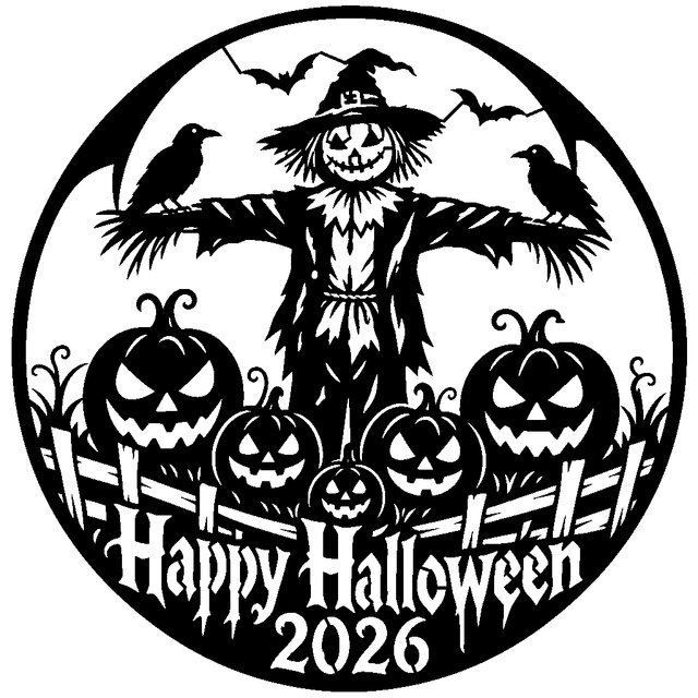 Circular Halloween scene with a pumpkin headed scarecrow, crows, bats, five jack o lanterns, and a fence.