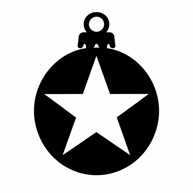 Bold black round hanging ornament silhouette with a large white five pointed star in the center.