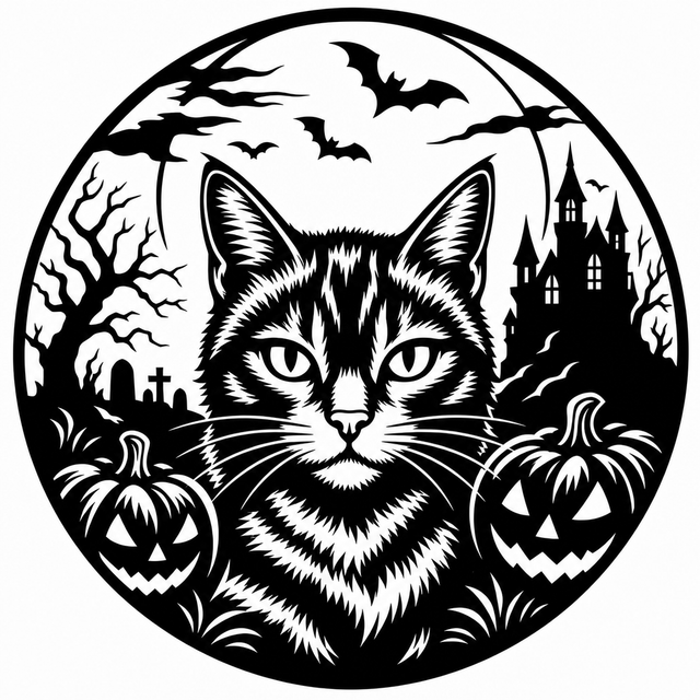 Striped tabby cat in a circular Halloween scene with jack o lanterns, bats, bare trees, and a haunted castle.