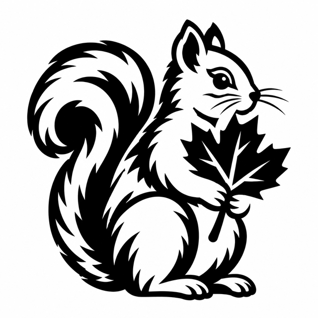 Side-facing seated squirrel with a curled tail holding a large maple leaf against its chest.