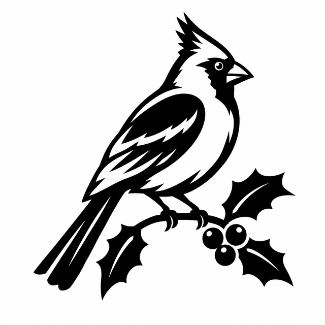 Crested cardinal in profile perched on a holly sprig with three berries and pointed leaves.