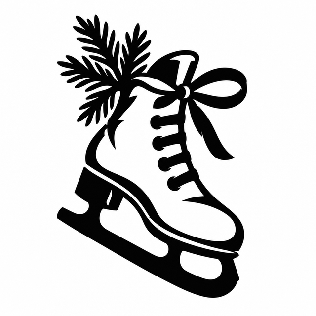 Angled ice skate silhouette with a large lace bow and evergreen sprig above the ankle.