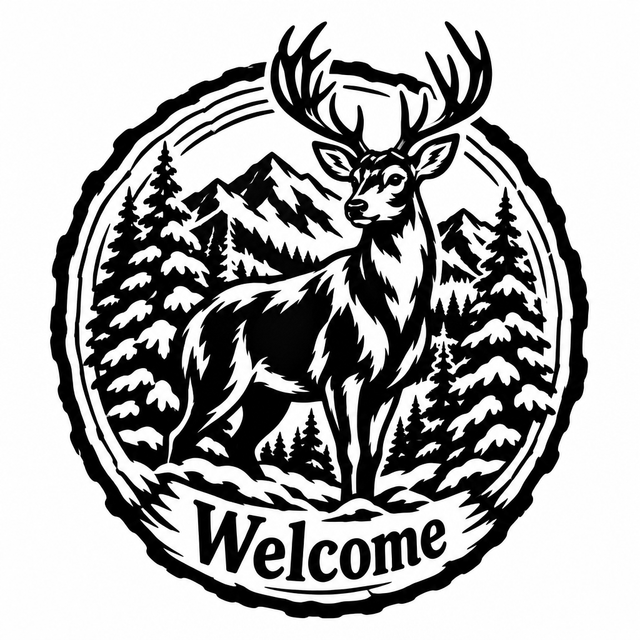 Antlered stag before snowy mountains and pine trees in a circular border with Welcome below.