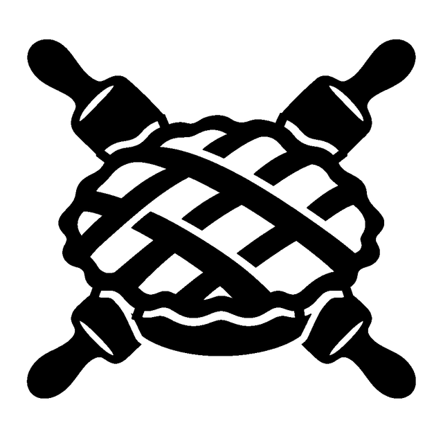 Bold silhouette of a lattice topped pie with two crossed rolling pins behind it.