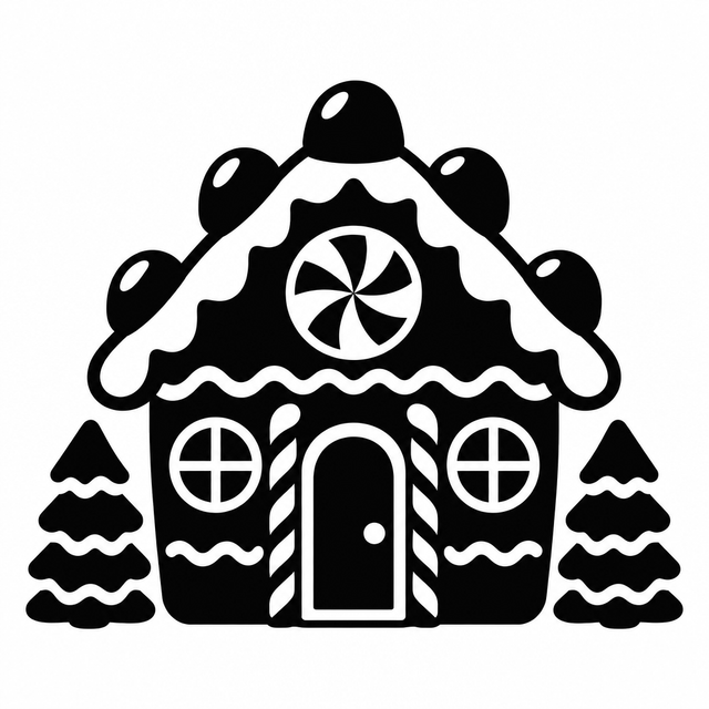 Black-and-white gingerbread cottage with gumdrops, peppermint window, candy-cane pillars, and two fir trees.