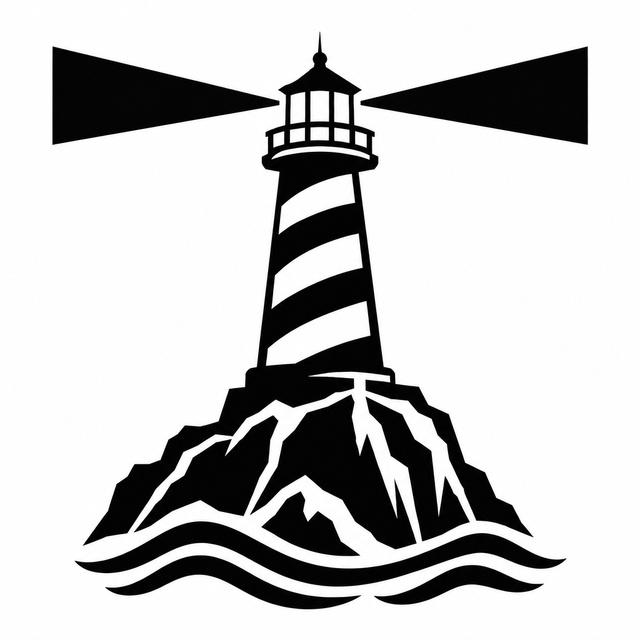 Black silhouette of a striped lighthouse on jagged rocks, with two light beams and waves below.