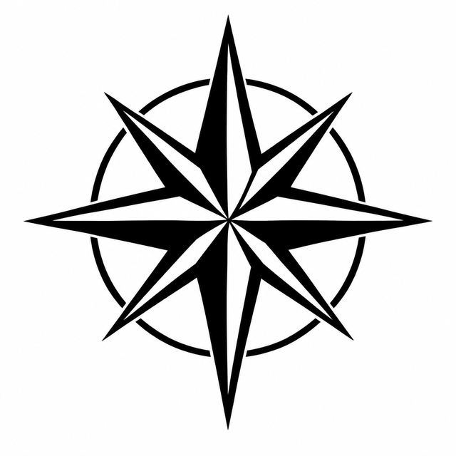 Bold eight point compass rose with alternating black and white points inside a segmented circular ring.