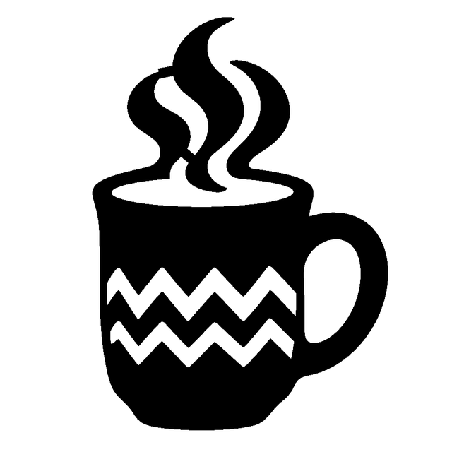 Black mug silhouette with a rounded handle, three steam wisps, and two white zigzag bands.