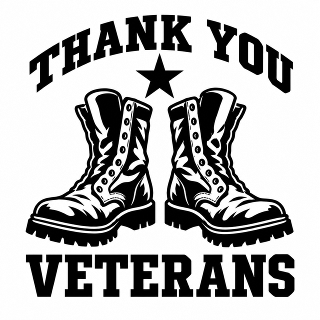 Two unlaced combat boots beneath a star with THANK YOU above and VETERANS below.