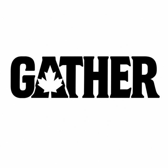 Bold black GATHER lettering with a white maple leaf cutout in the letter A.