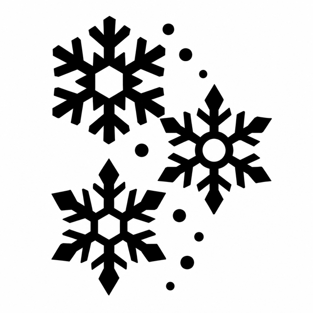 Three bold geometric snowflakes arranged diagonally with scattered round snow dots on a white background.