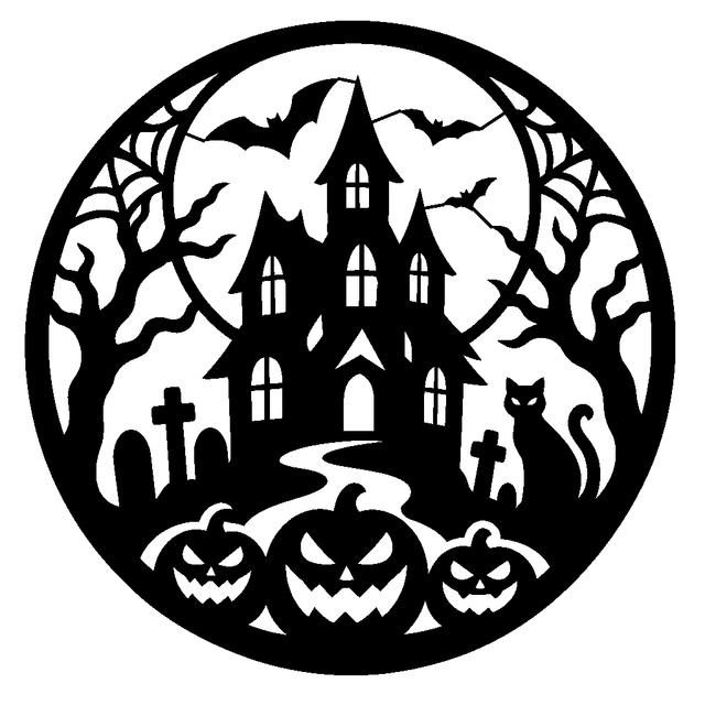 Circular haunted manor scene with bats, webbed trees, grave markers, black cat, and three grinning pumpkins.