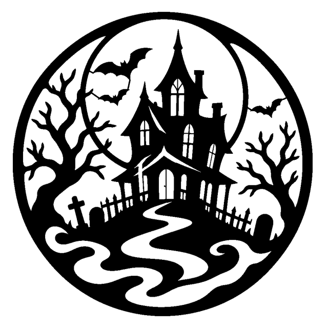 Circular haunted manor scene with bats, bare trees, gravestones, full moon, and a winding path.