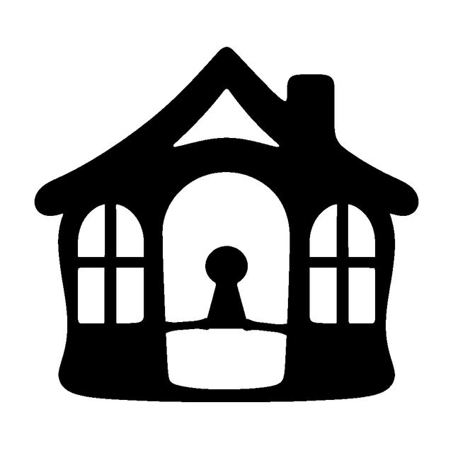 Black cottage silhouette with an arched door, large keyhole cutout, two windows, peaked roof, and chimney.