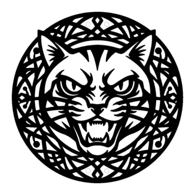 Laser cut stencil of an angry cat face inside an ornate round frame with pointed ears and sharp teeth.