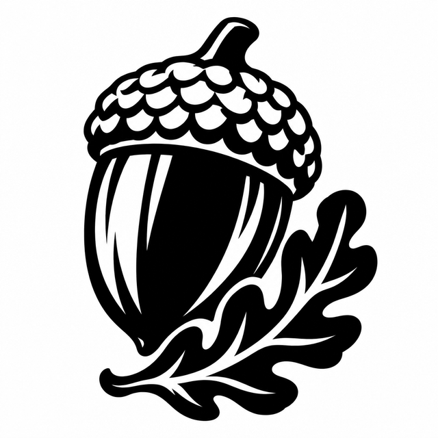 Large upright acorn with a scalloped cap and a curled oak leaf at its base.