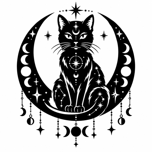 Seated black cat with lunar markings, stars, constellations, moon phase ring, and hanging celestial charms.