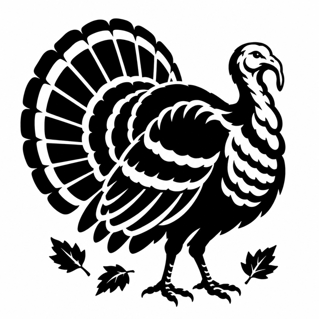 Side-view turkey with a fanned tail, layered feather details, and three leaves near its feet.