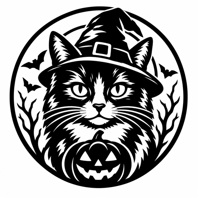 Cat in a witch hat holding a jack o lantern, framed by bats, crescent moon, and bare branches.