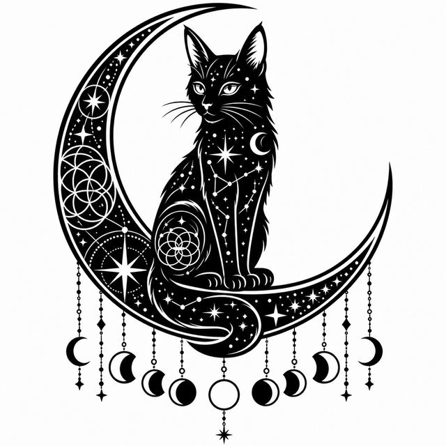 Black cat with celestial markings seated in a star-filled crescent moon with hanging moon phase charms.