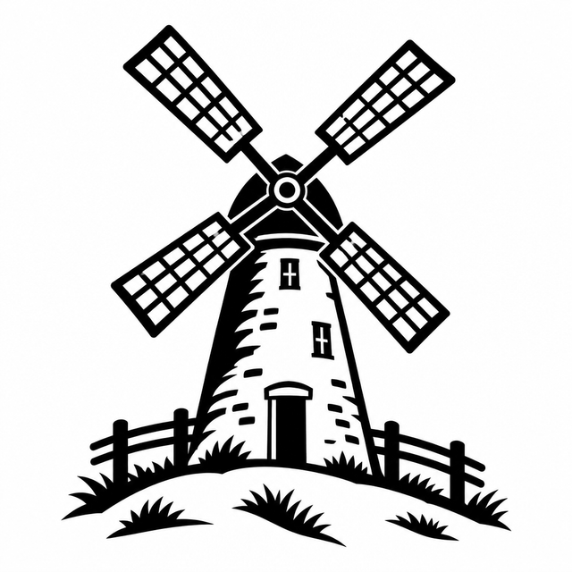 Four sail windmill with gridded blades on a grassy hill behind a split rail fence.