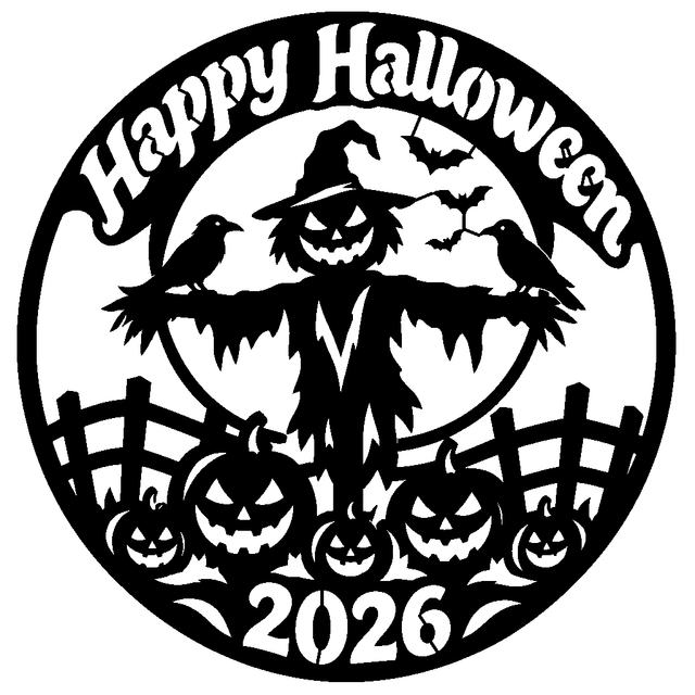 Circular Halloween stencil with a scarecrow, two crows, bats, five jack o lanterns, and Happy Halloween 2026 text.