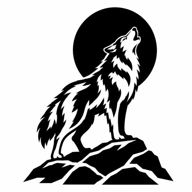 Black and white wolf howling on angular rocks in front of a large full moon.