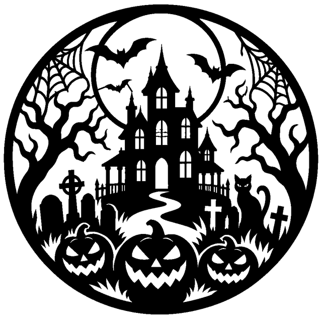 Circular Halloween stencil with a moonlit gothic castle, bats, black cat, graves, and three grinning pumpkins.