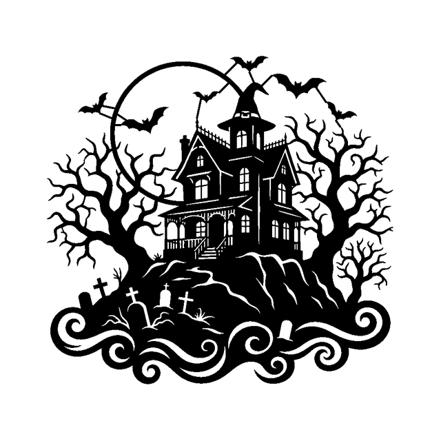 Haunted house on a rocky graveyard hill with bats, bare trees, a full moon, and curling flourishes.