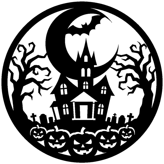 Circular Halloween stencil with a haunted house, crescent moon, bats, bare trees, gravestones, and jack o lanterns.